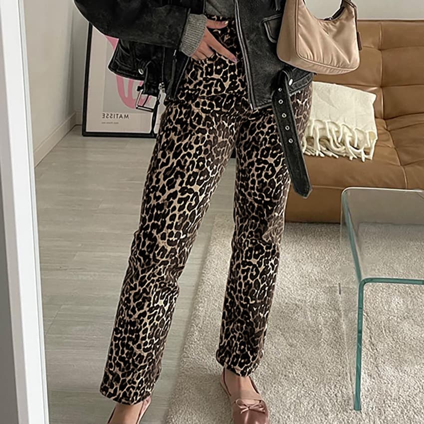 Leopard Print High Waist Straight Pants