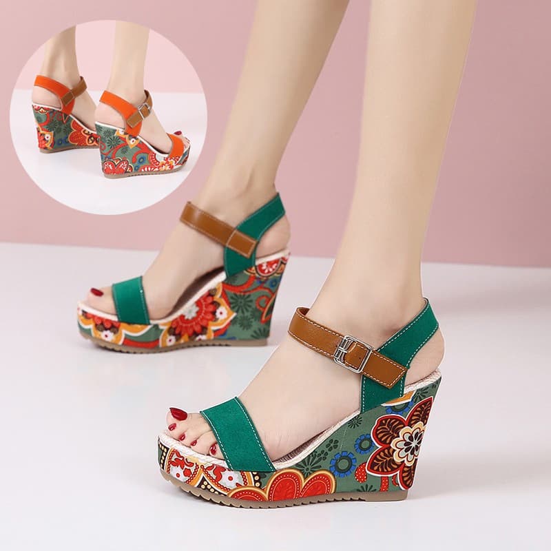 Flowers Embroidered High Wedge Sandals For